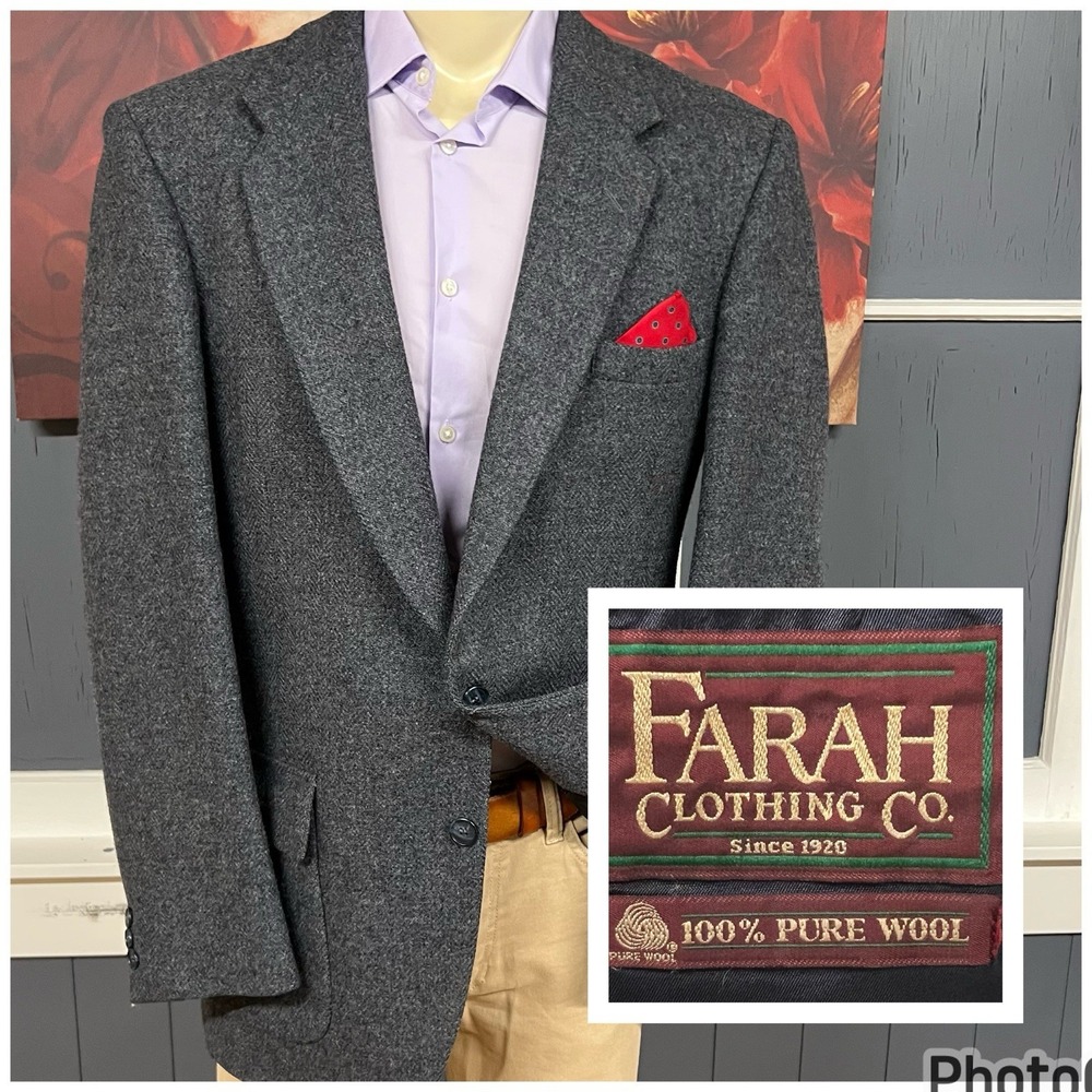 Vintage Farah Tweed Blazer Jacket Sport Coat Mens 44L Long Wool Grayish Navy